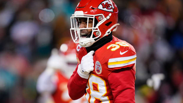 Jan 13, 2024; Kansas City, Missouri, USA; Kansas City Chiefs cornerback L'Jarius Sneed (38) reacts against the Miami Dolphins during the first half of the 2024 AFC wild card game at GEHA Field at Arrowhead Stadium. Mandatory Credit: Jay Biggerstaff-USA TODAY Sports  